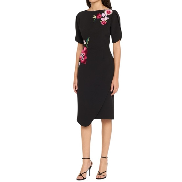 Teri Jon Floral Embroidered Crepe Boatneck Midi-Dress Size 12 $610 NWT - Picture 7 of 12
